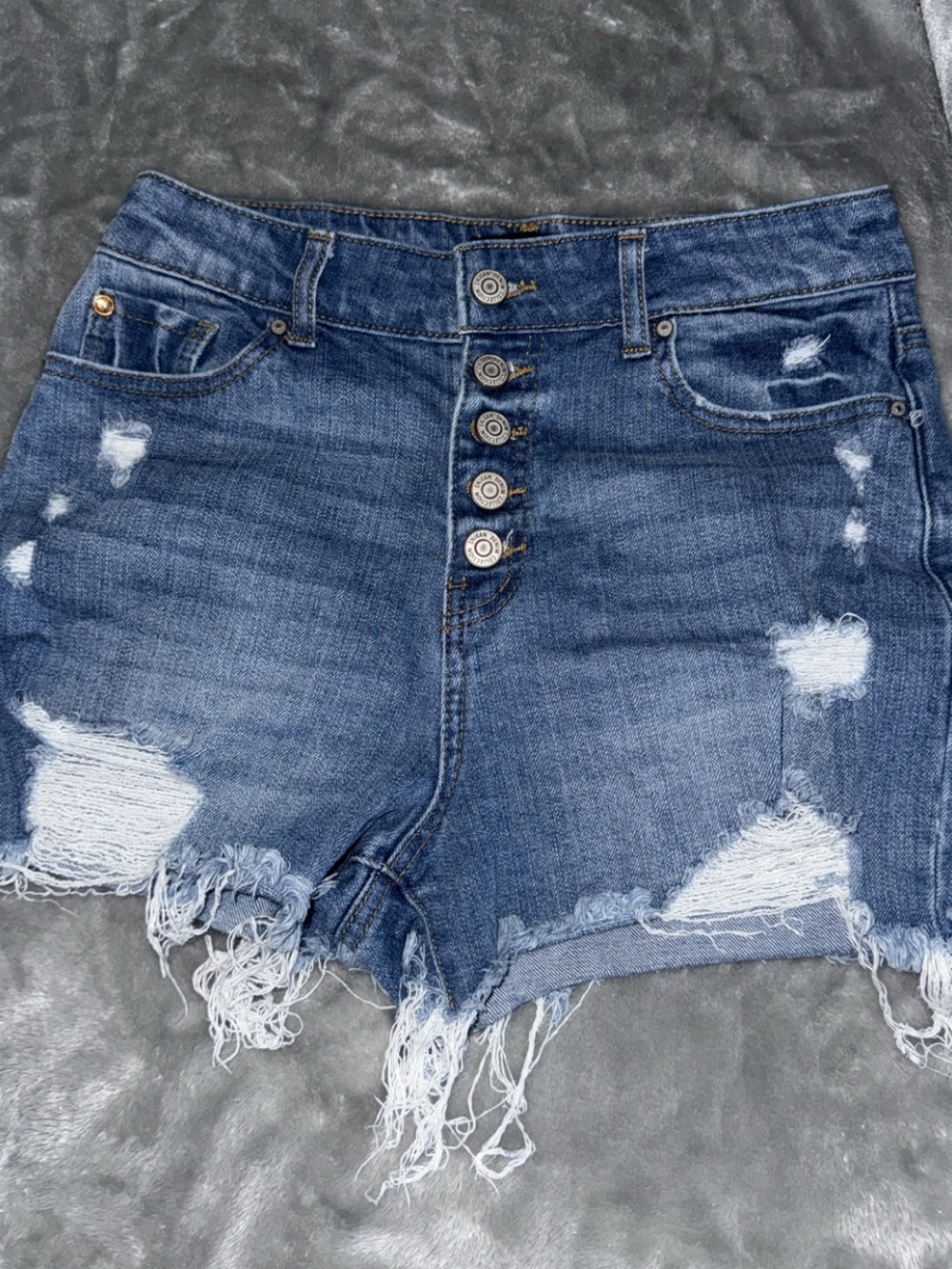 High-Rise Distressed Denim Shorts - Blue